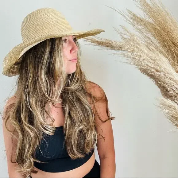 VINTAGE NORDSTROM Cream Tan Straw Wide Brim Floppy Gold Metallic Ribbon Sun Hat - Picture 5 of 10